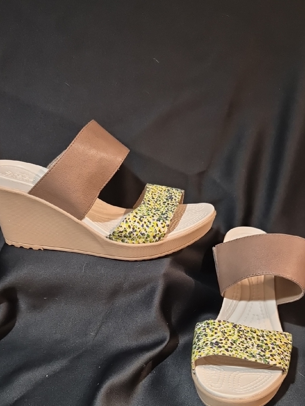 CROCS Tan Wedge Slide Sandals with Yellow Leopard-Print Strap